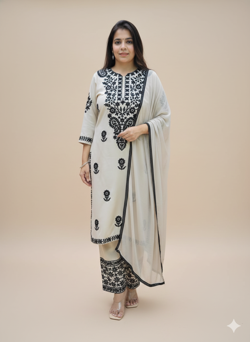 Women's Premium Rayon Chikankari Embroidered Kurta Pant Dupatta Set (White & Black)