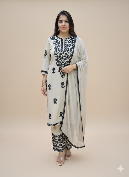 Women's Premium Rayon Chikankari Embroidered Kurta Pant Dupatta Set (White & Black)