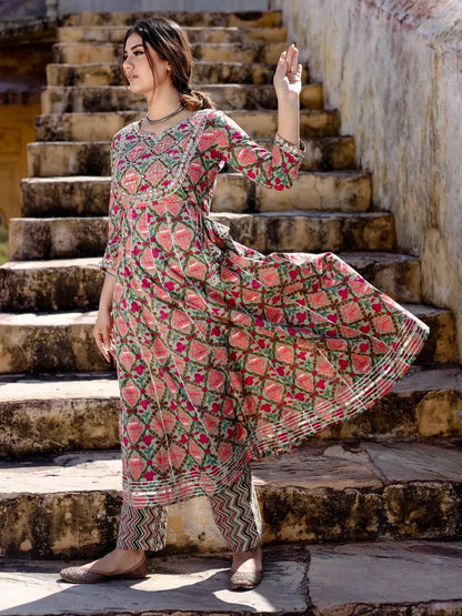 Green Floral Printed Anarkali Kurta Pant Sets