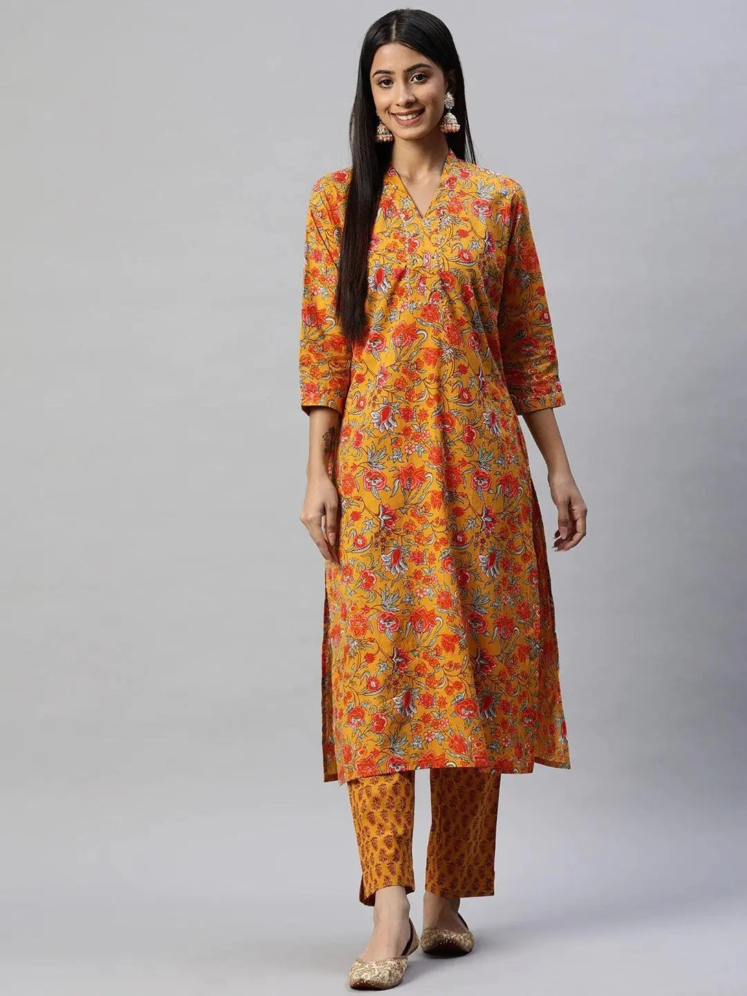 Mustard Cotton Floral Printed Kurta Pant Set,