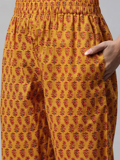 Mustard Cotton Floral Printed Kurta Pant Set,