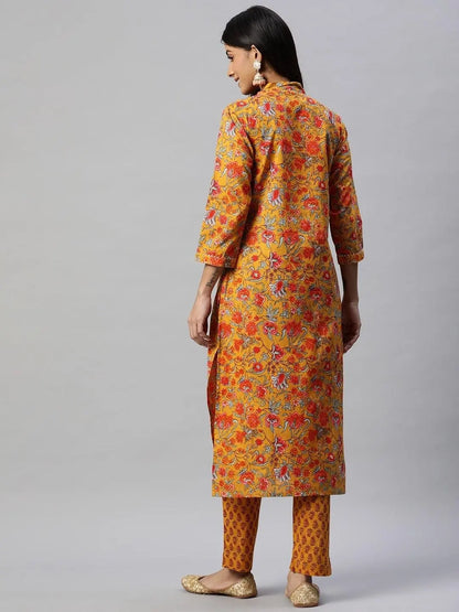 Mustard Cotton Floral Printed Kurta Pant Set,