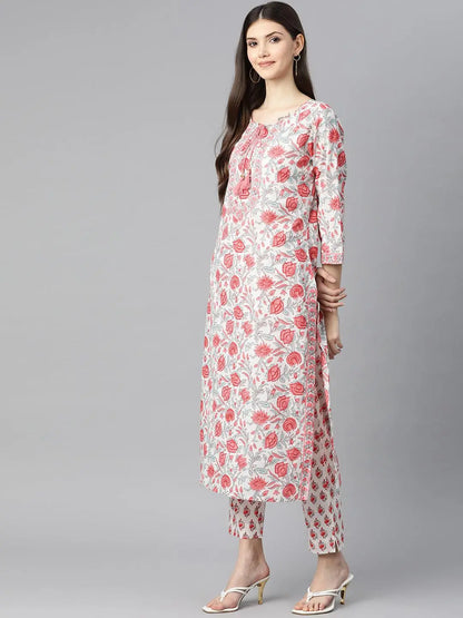 White Floral Printed Kurta Pant Set with Dupatta