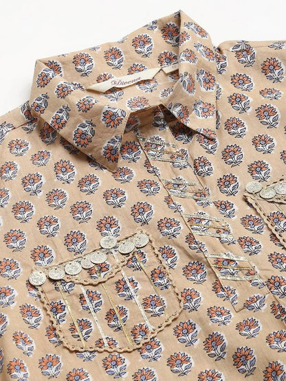 Beige Cotton Shirt Style Kurta Hem Cuffed Pant Co-ord Set