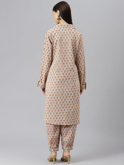 Beige Cotton Shirt Style Kurta Hem Cuffed Pant Co-ord Set