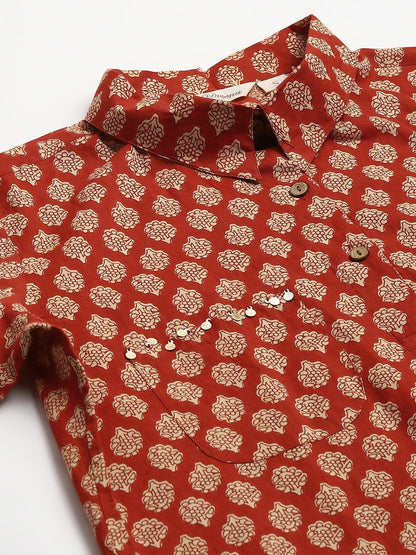 Maroon Cotton Shirt Style Kurta Hem Cuffed Pant Co-ord Set