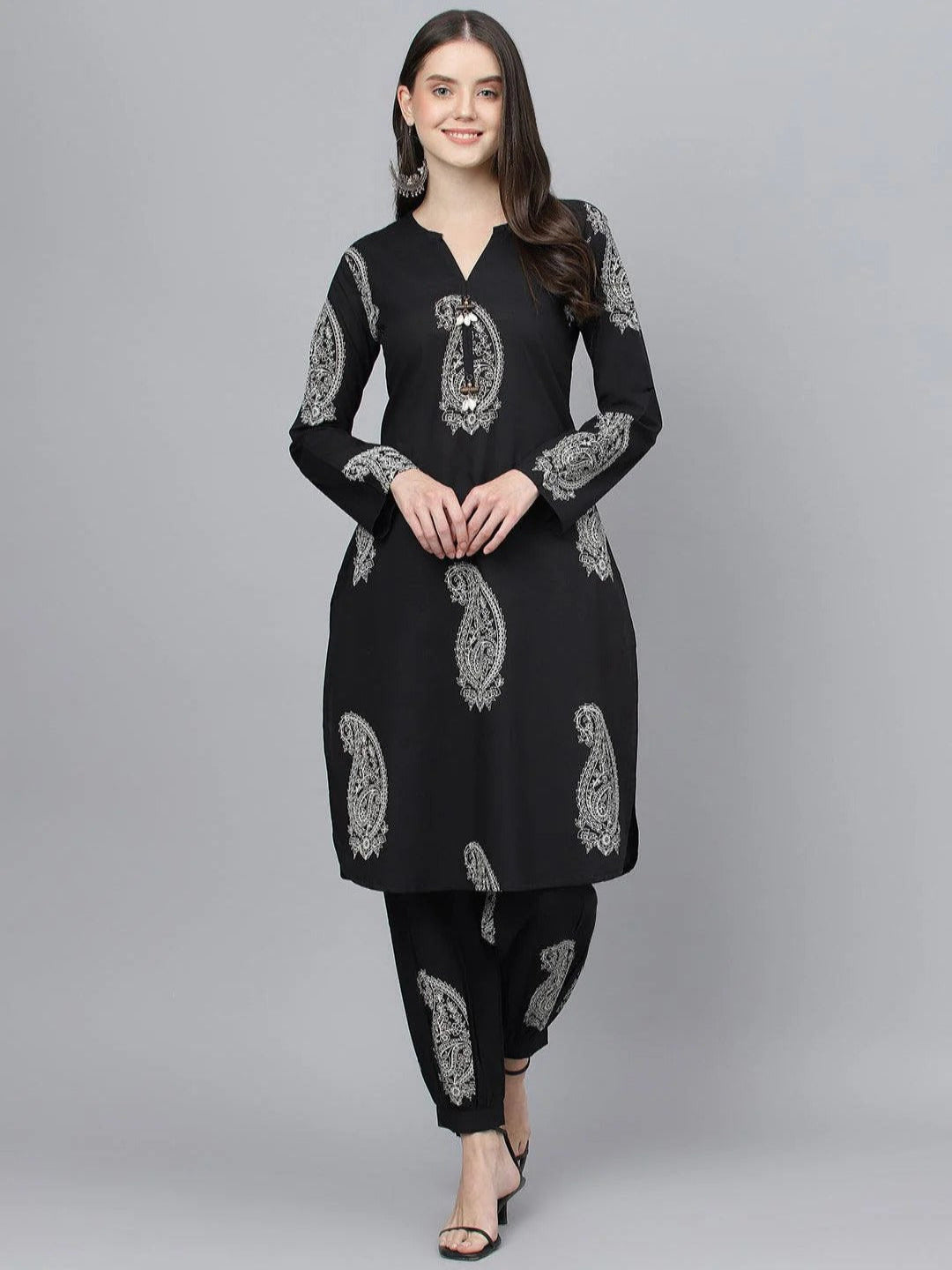 Black Cotton Straight Kurta with Curve Hem Pant set