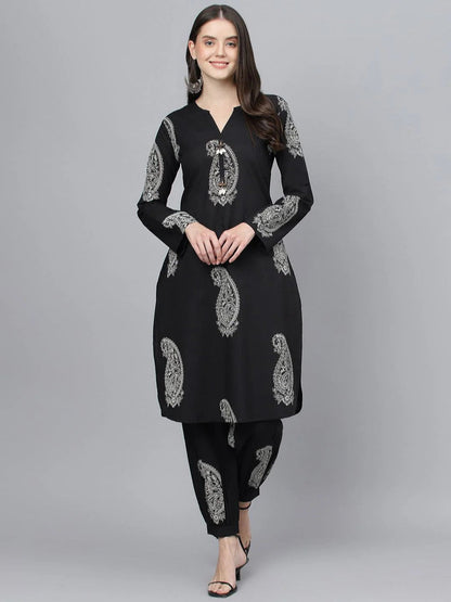 Black Cotton Straight Kurta with Curve Hem Pant set