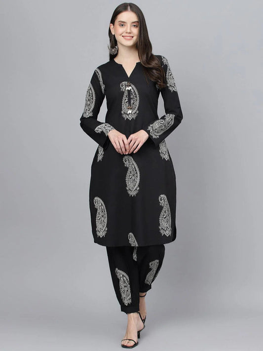 Black Cotton Straight Kurta with Curve Hem Pant set