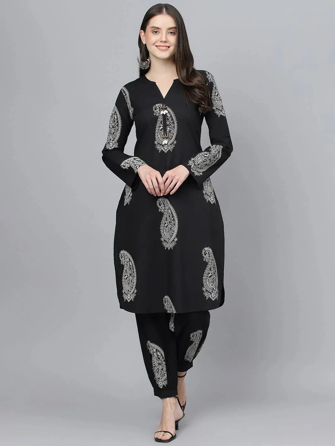 Black Cotton Straight Kurta with Curve Hem Pant set