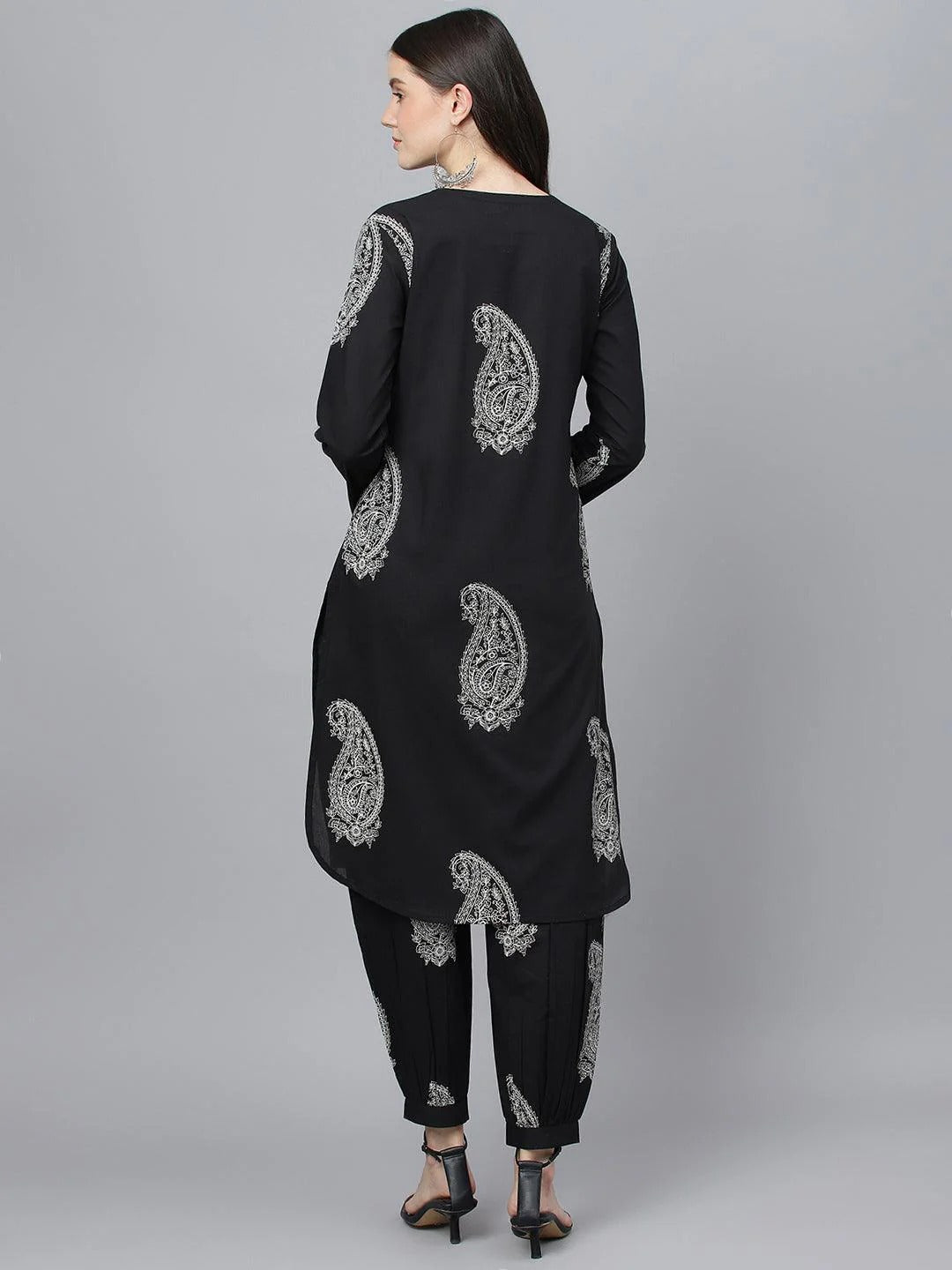 Black Cotton Straight Kurta with Curve Hem Pant set