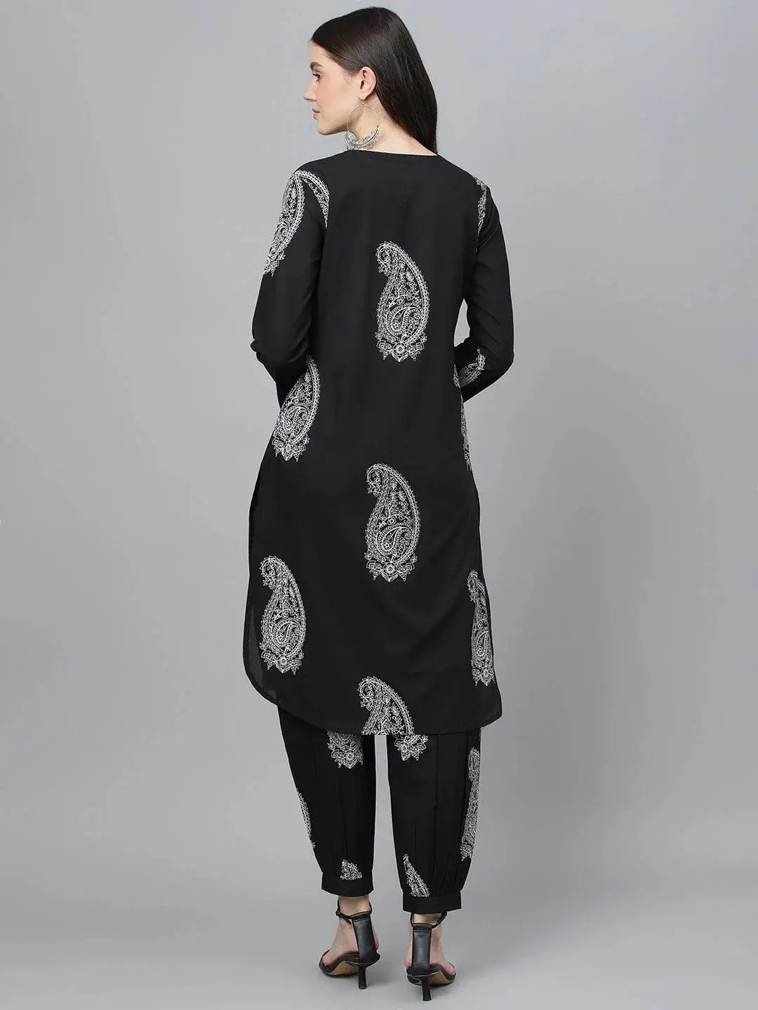 Black Cotton Straight Kurta with Curve Hem Pant set