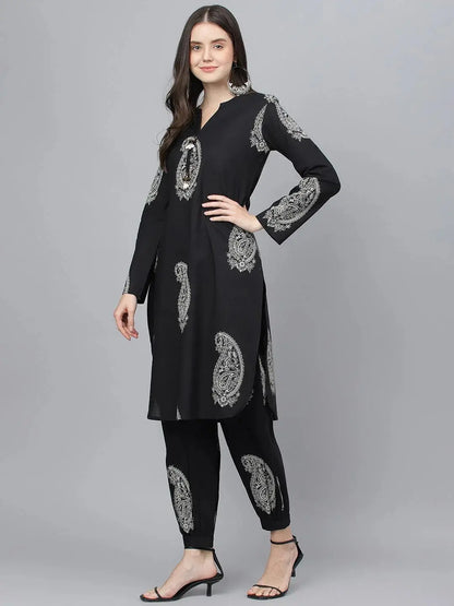 Black Cotton Straight Kurta with Curve Hem Pant set
