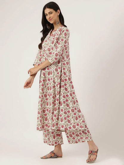 White Floral Printed Anarkali Kurta Palazoo Sets