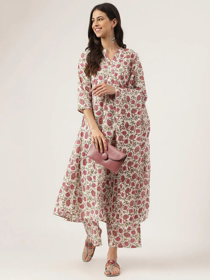 White Floral Printed Anarkali Kurta Palazoo Sets