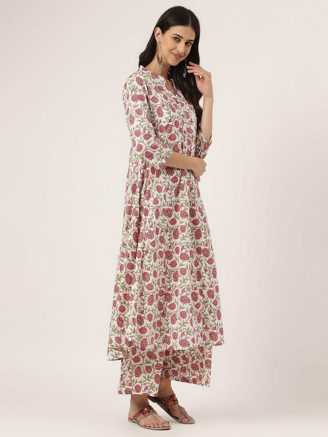 White Floral Printed Anarkali Kurta Palazoo Sets