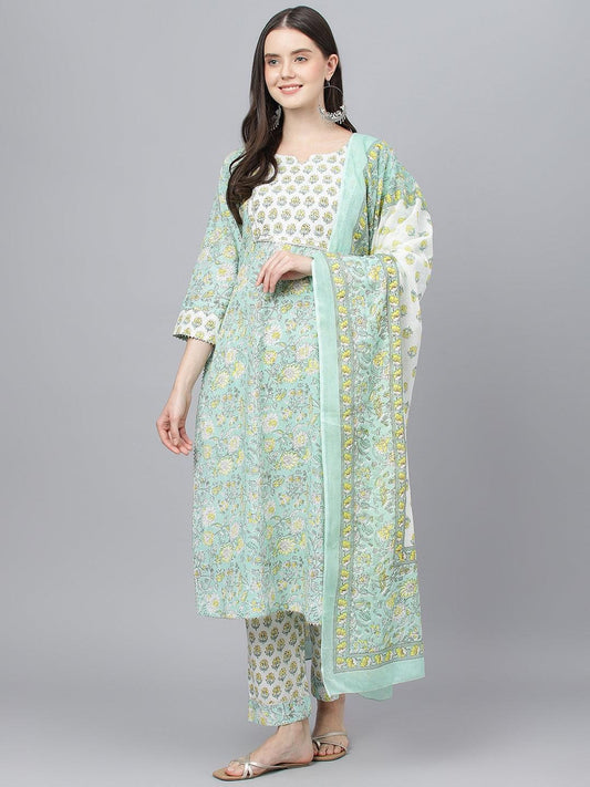 Mint Green Floral Printed Kurta Pant set With Dupatta