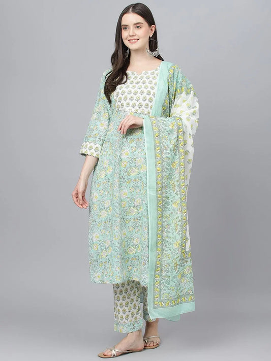 Mint Green Floral Printed Kurta Pant set With Dupatta