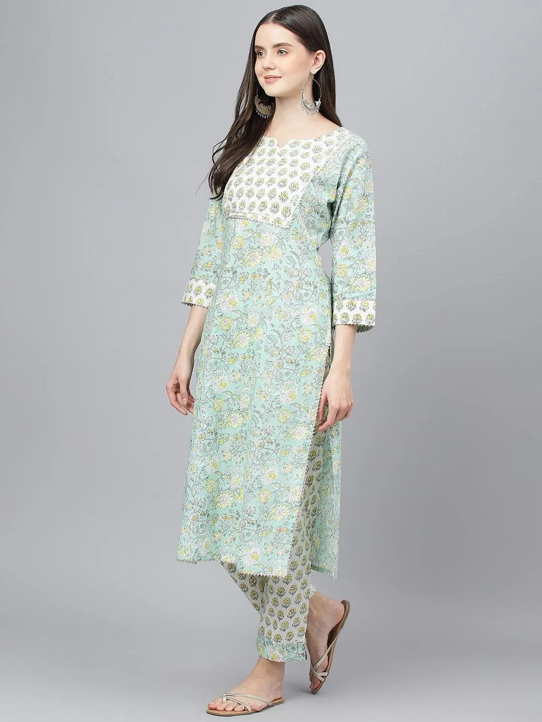 Mint Green Floral Printed Kurta Pant set With Dupatta