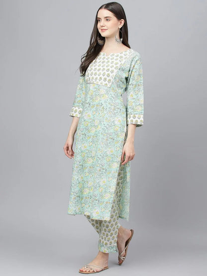 Mint Green Floral Printed Kurta Pant set With Dupatta
