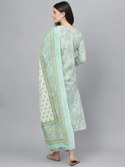 Mint Green Floral Printed Kurta Pant set With Dupatta