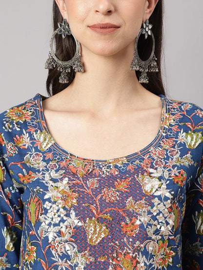 Blue Floral Printed Kurta Pant Set with dupatta
