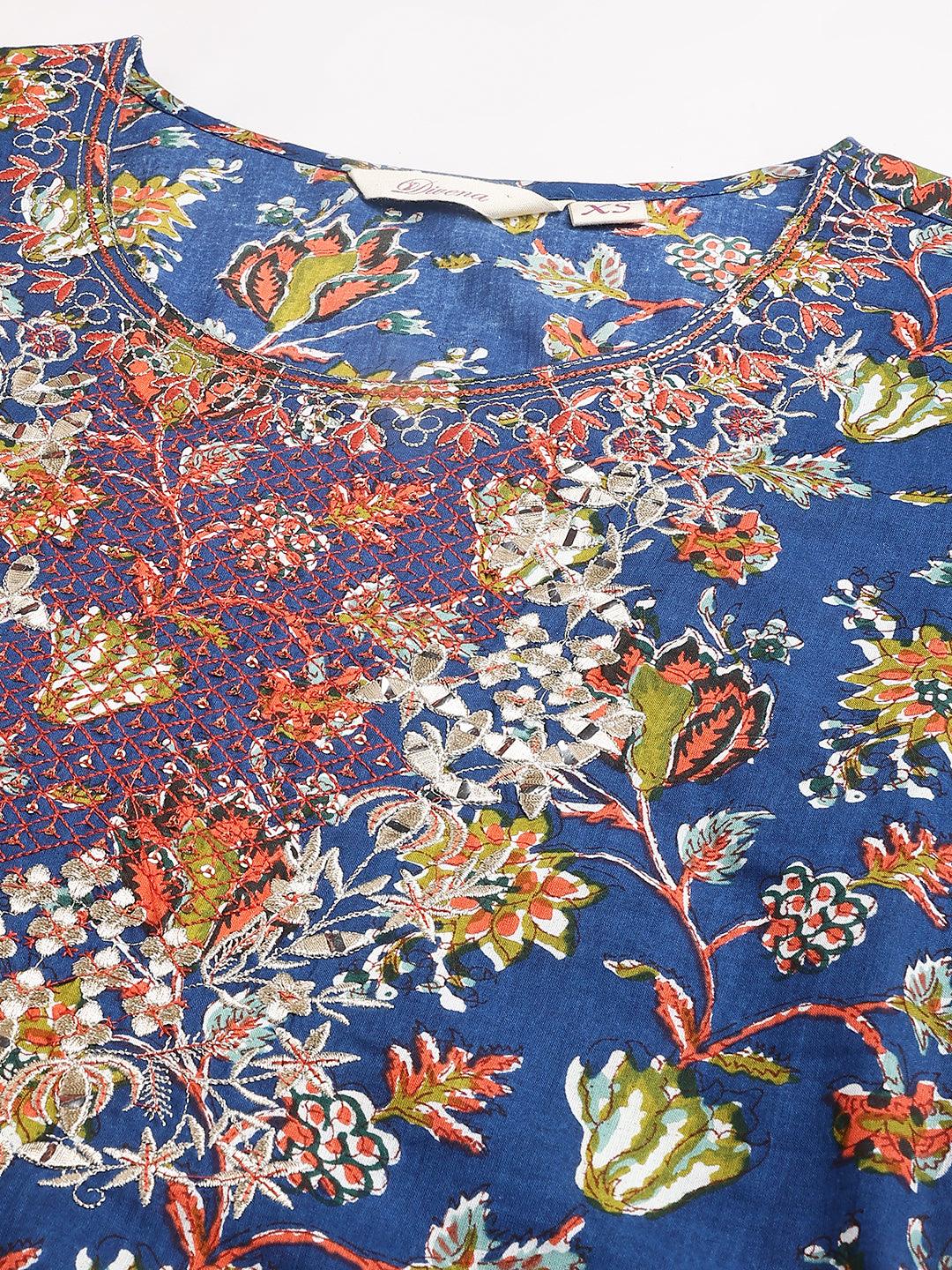 Blue Floral Printed Kurta Pant Set with dupatta