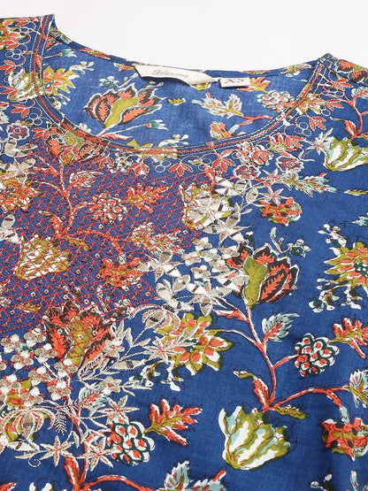 Blue Floral Printed Kurta Pant Set with dupatta