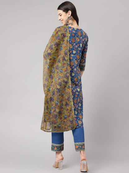 Blue Floral Printed Kurta Pant Set with dupatta