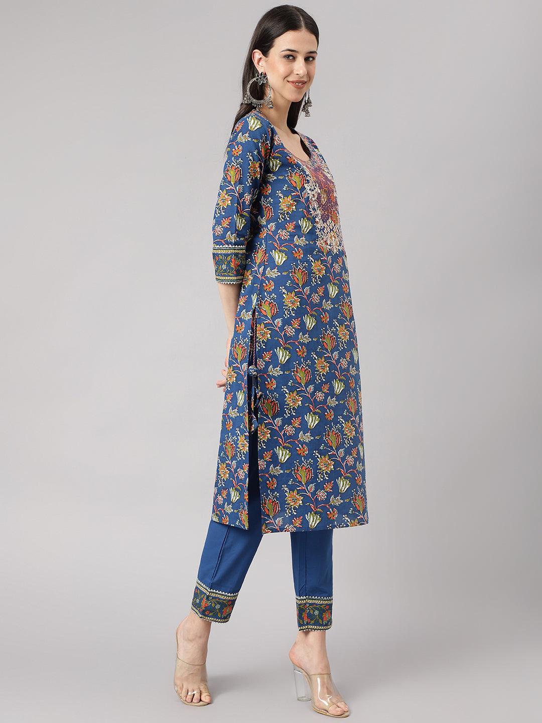 Blue Floral Printed Kurta Pant Set with dupatta
