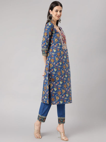 Blue Floral Printed Kurta Pant Set with dupatta