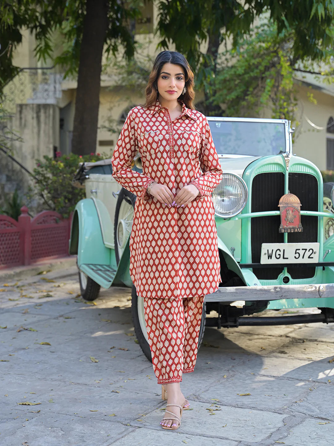 Red Ethnic Printed Cotton Fabric Shirt Kurta With Trouser