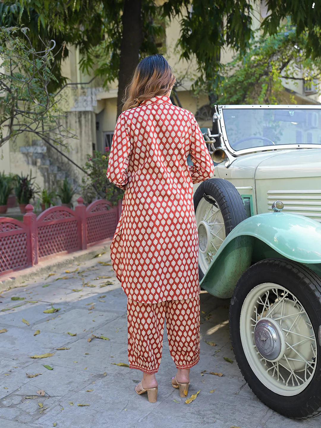 Red Ethnic Printed Cotton Fabric Shirt Kurta With Trouser