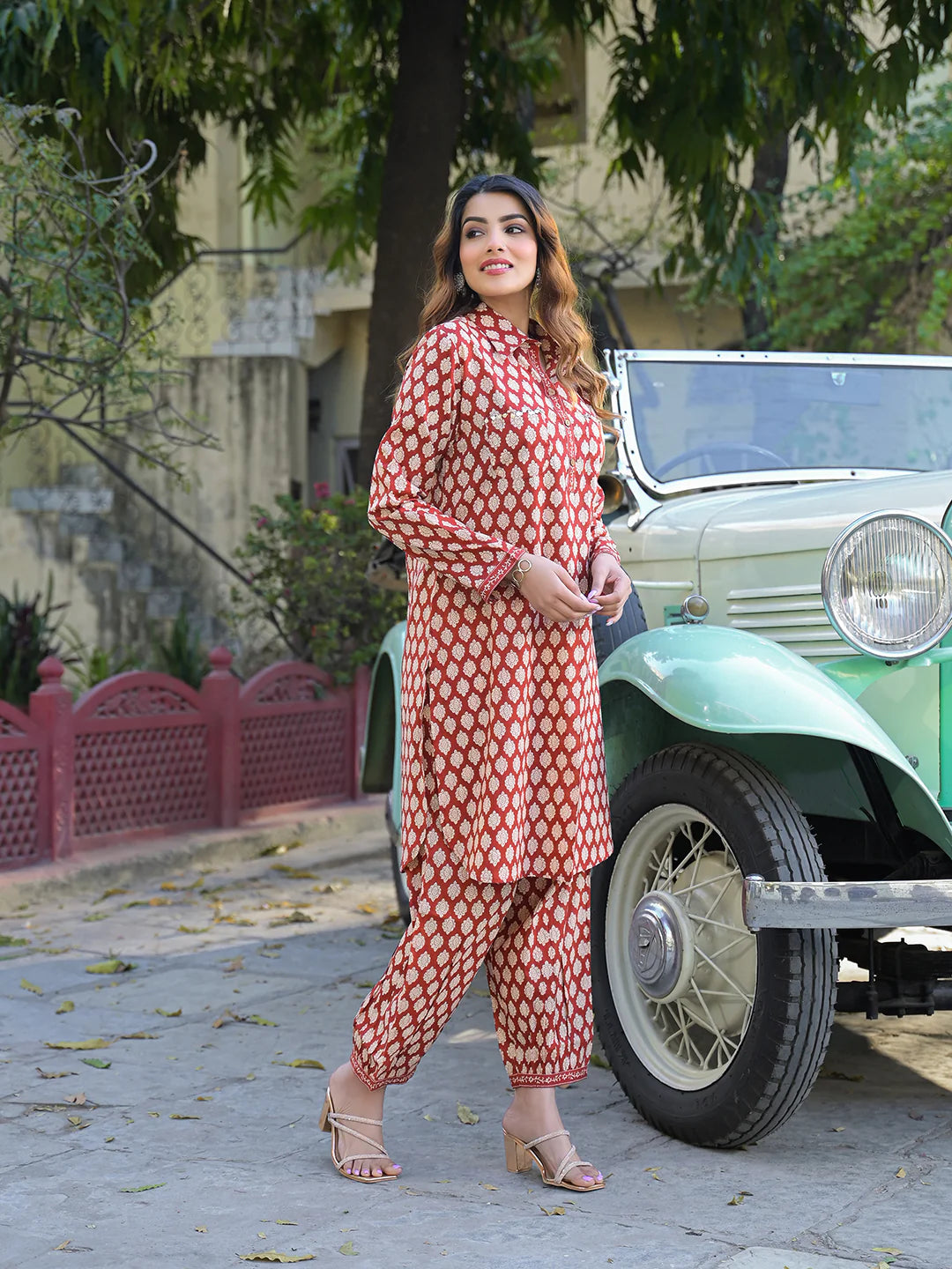 Red Ethnic Printed Cotton Fabric Shirt Kurta With Trouser