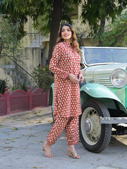 Red Ethnic Printed Cotton Fabric Shirt Kurta With Trouser