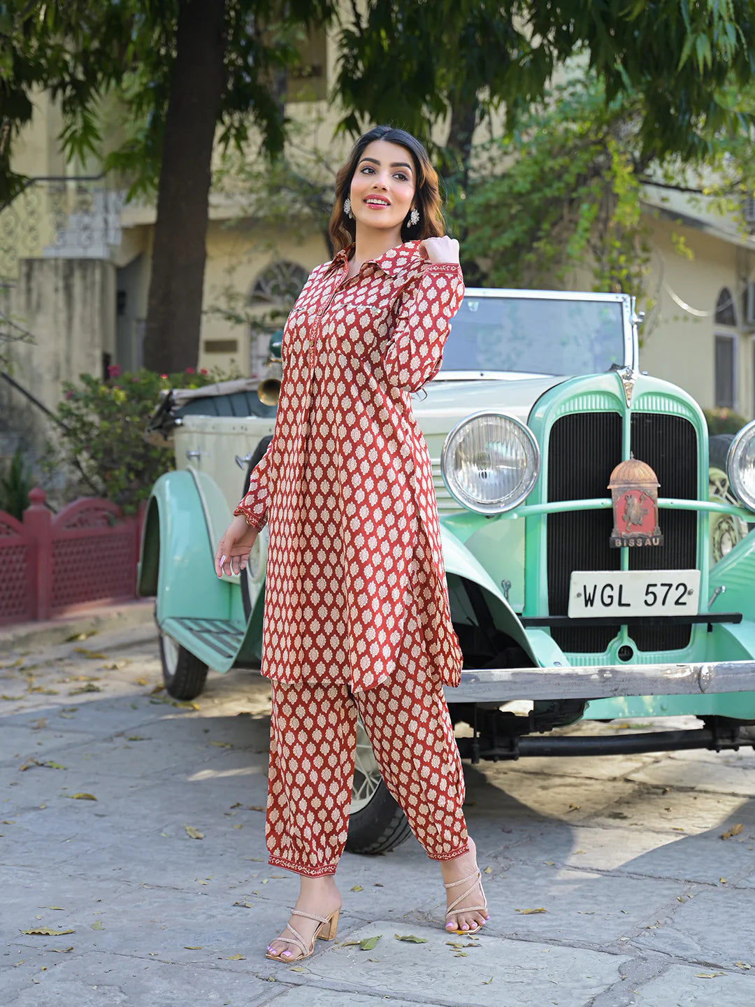 Red Ethnic Printed Cotton Fabric Shirt Kurta With Trouser