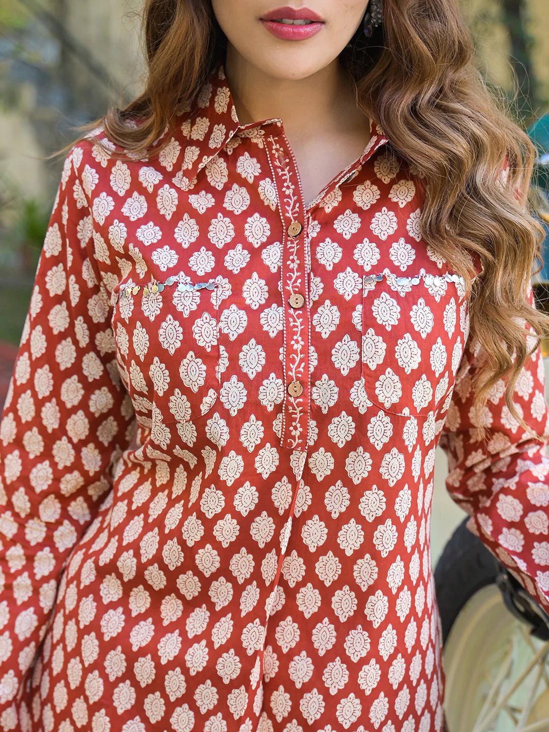 Red Ethnic Printed Cotton Fabric Shirt Kurta With Trouser