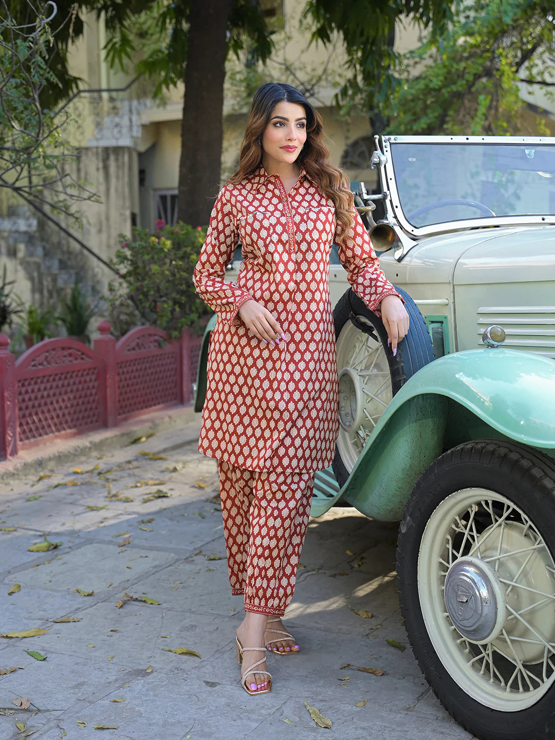 Red Ethnic Printed Cotton Fabric Shirt Kurta With Trouser