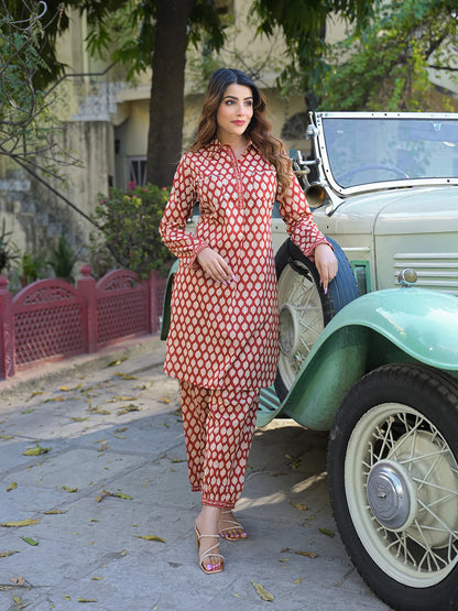 Red Ethnic Printed Cotton Fabric Shirt Kurta With Trouser