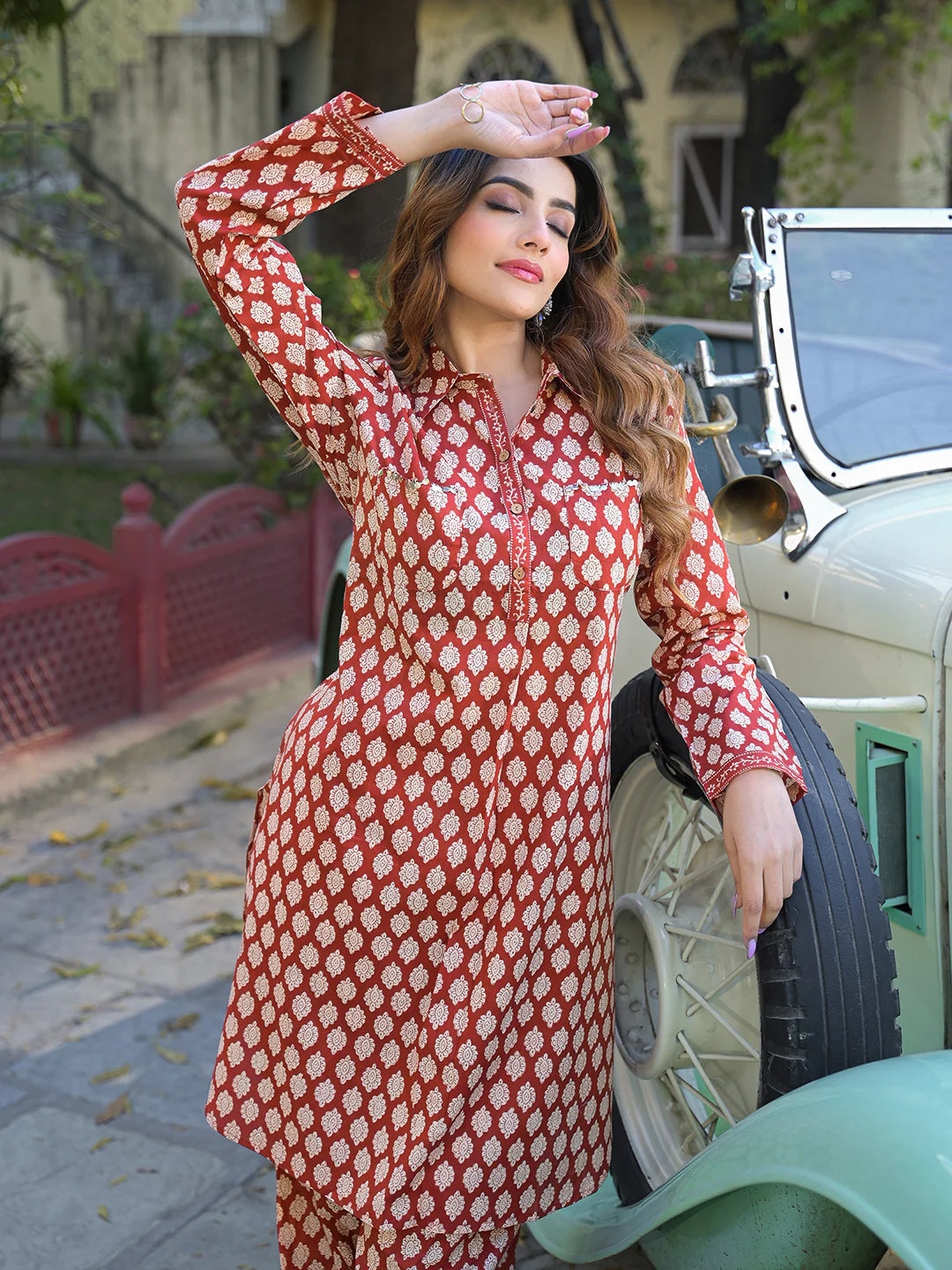 Red Ethnic Printed Cotton Fabric Shirt Kurta With Trouser