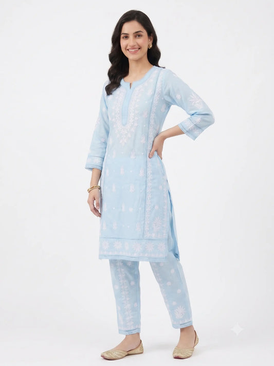 Premium Rayon Blue chikankari Coord Set