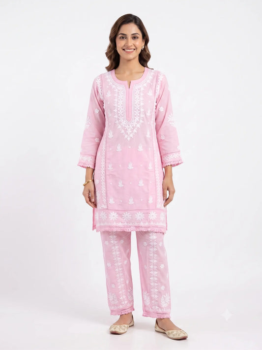 Premium Rayon Pink Chikankari Coord Set