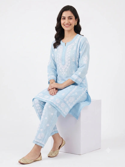 Premium Rayon Blue chikankari Coord Set