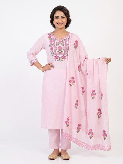 Pink Grace Embroidered Cotton Suit Set
