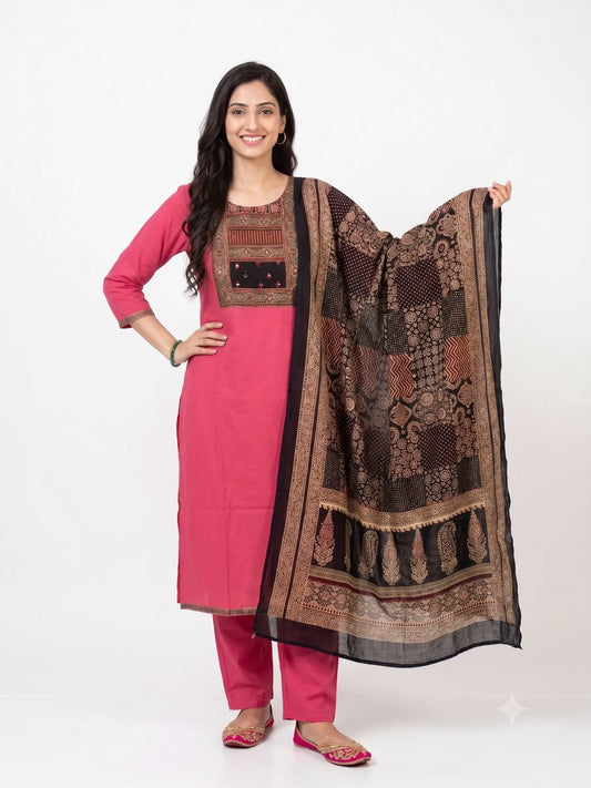 Pink Gamthi Cotton Mirror & Patchwork Kurta Pant Set