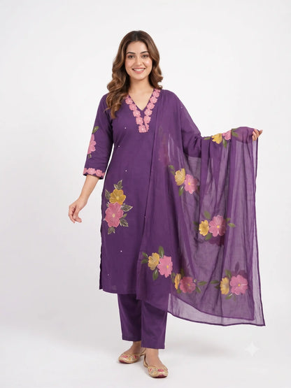 Purple Elegance Pure Cotton Hand-Painted Dupatta Suit Set