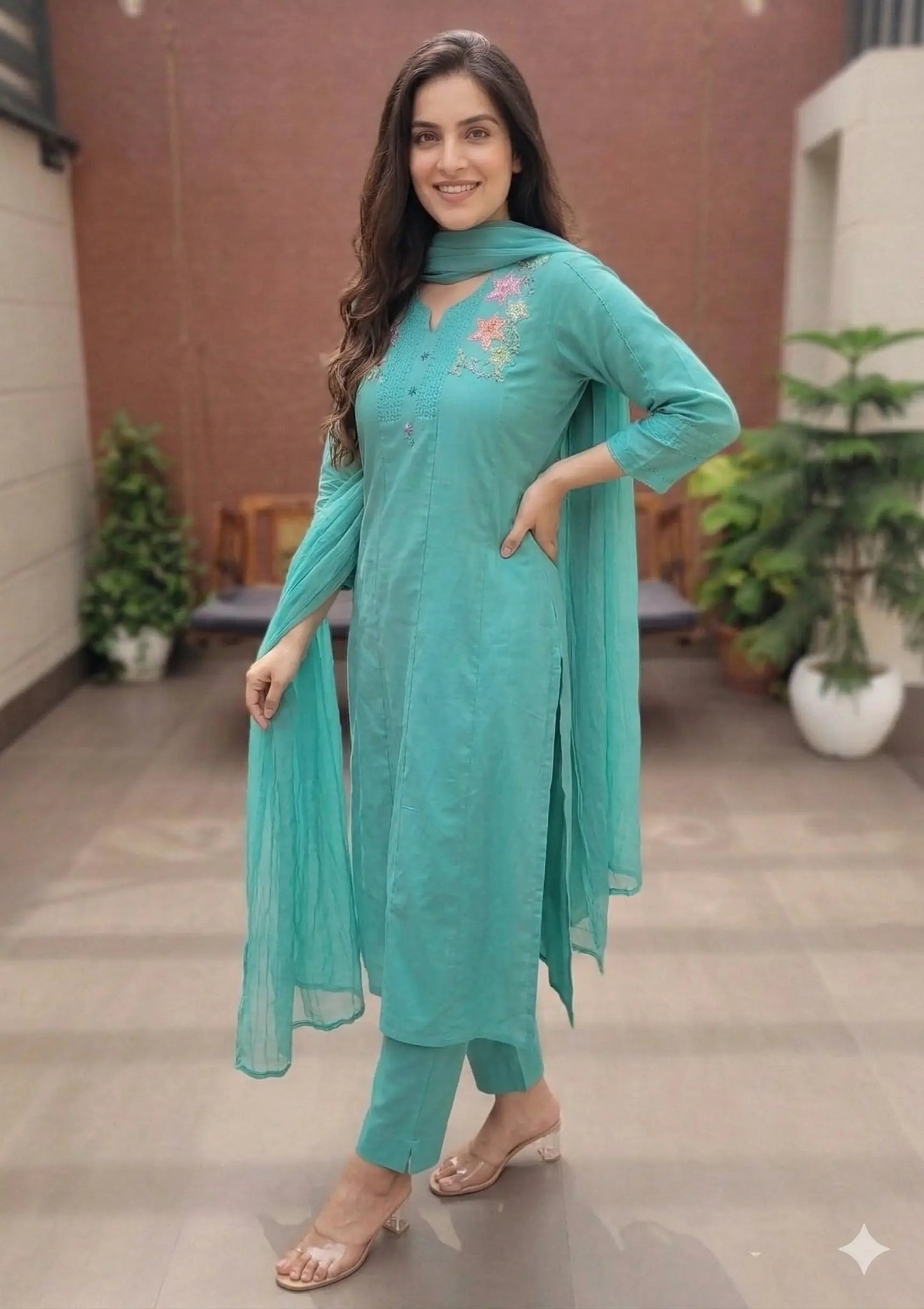 Mint embroidered and Handwork Kurta Set