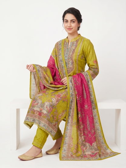 Yellow Floral Lace Crepe Kurta Set