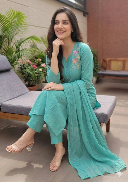 Mint embroidered and Handwork Kurta Set