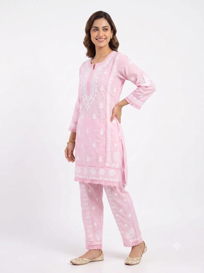 Premium Rayon Pink Chikankari Coord Set